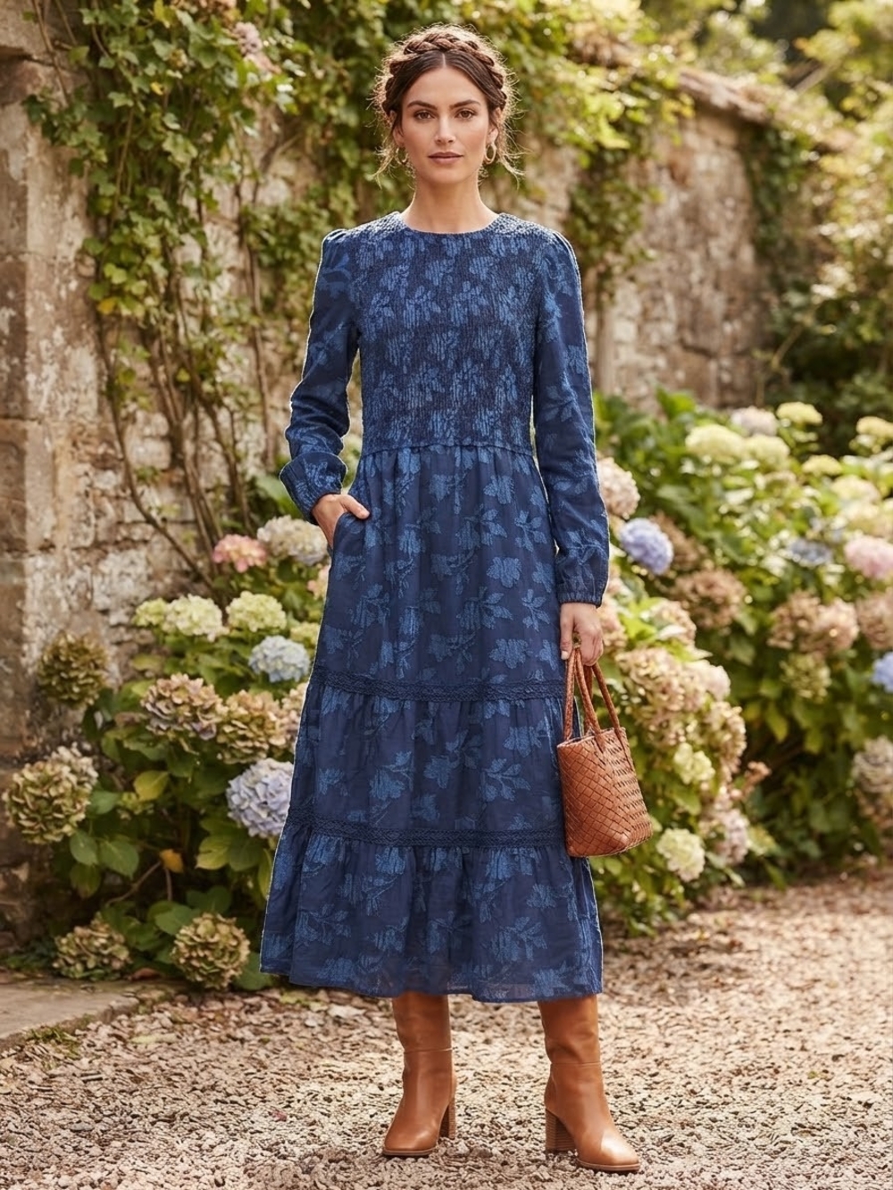 Prettygarden Women's Navy Blue Long Sleeve Tiered Maxi Dress Size Large